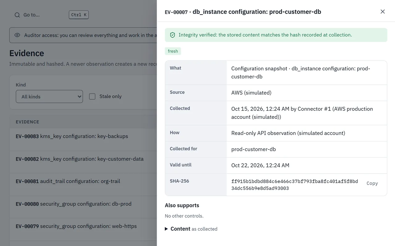 An evidence record in TrustNiq: source, collection method, validity and its SHA-256 hash, with integrity verified.